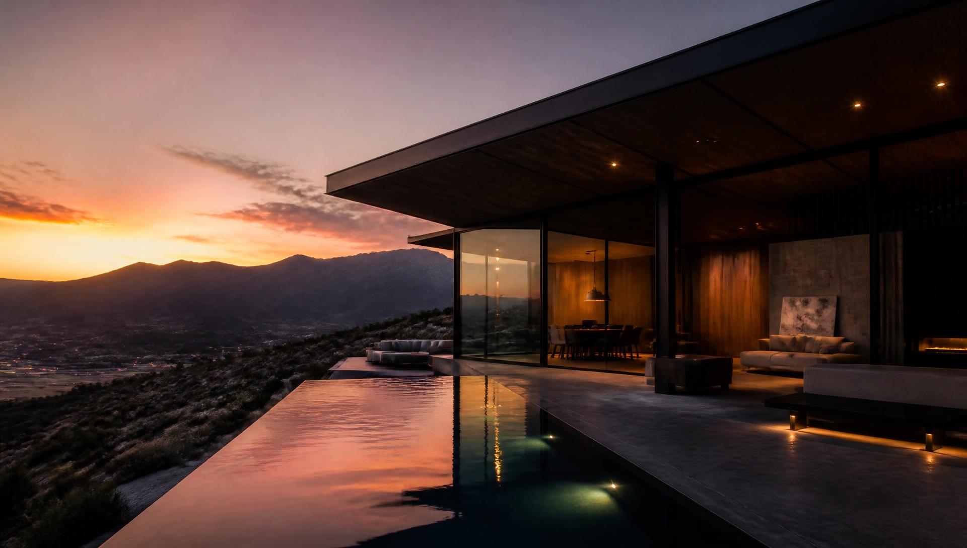 Casa de autor contemporánea al atardecer con piscina infinita frente a la cordillera