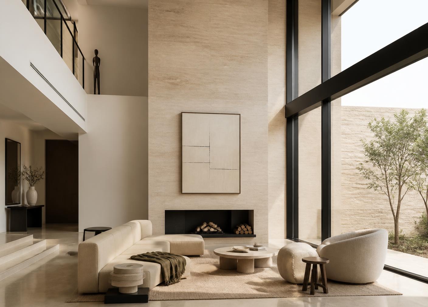 Interior minimalista de doble altura con travertino y luz natural
